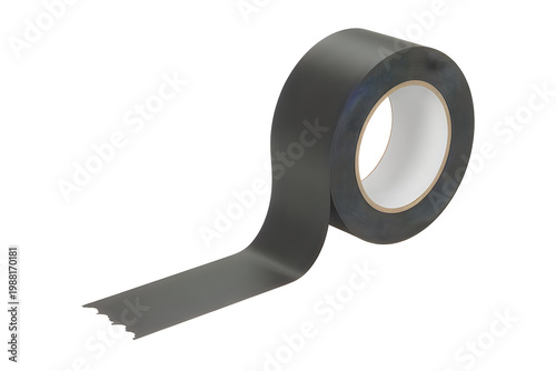 Single roll of black duct tape with a partially unrolled strip on a white background