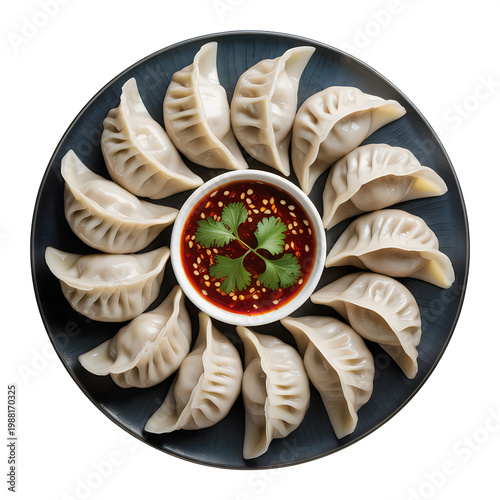 Steamed dumplings arranged in a circle on a dark plate with a bowl of spicy dipping sauce