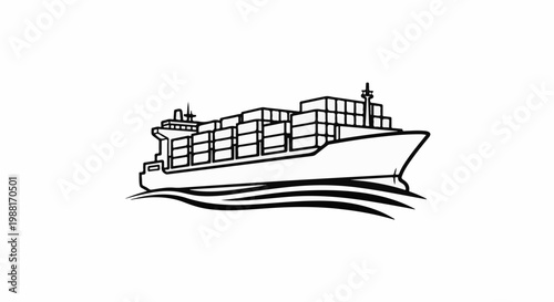 Stylized line art of a cargo ship loaded with containers on wavy water