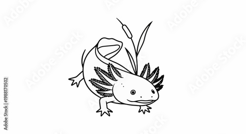 Simple black outline drawing of a smiling axolotl with feathery gills and a cattail