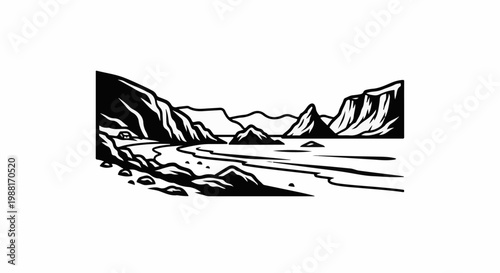 Stylized monochrome seascape with jagged cliffs and a calm body of water