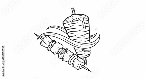 Slices of meat on a spit, with meat on skewers and wavy lines