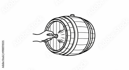 A hand taps a small spigot on a wooden barrel, causing liquid to spray outward