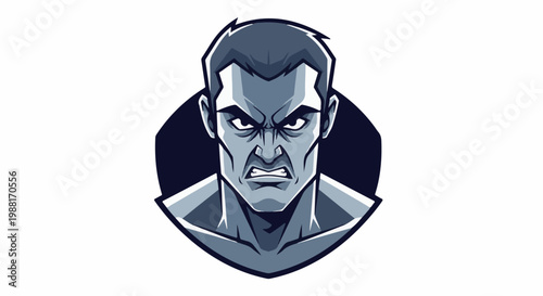 A stylized, menacing face with furrowed brow and bared teeth