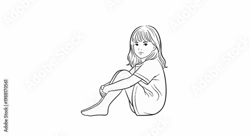 A stylized line drawing of a young girl sitting on her knees