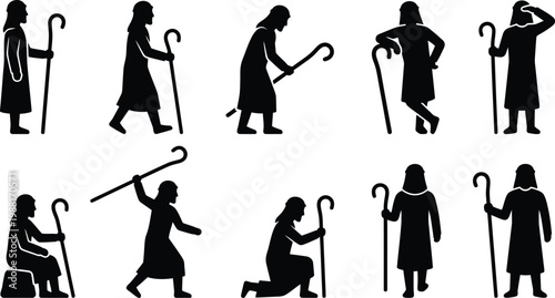 Zehn schwarze Silhouetten von Hirten mit Stäben in verschiedenen Posen auf weißem Hintergrund.