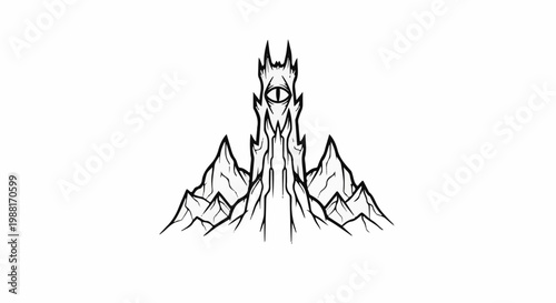 A stark, gothic tower with a central eye, nestled amongst jagged peaks