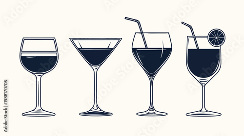 A row of four different cocktail glasses, with drinks, in a monochrome graphic style