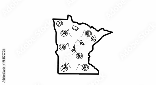 Stylized outline of a state with fishing and camping icons