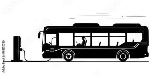 Electric Bus with Working Commuter and EV Charging Icon