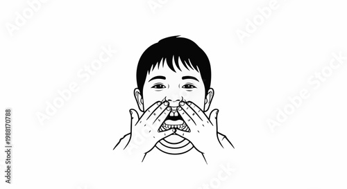 Black and white illustration of a child's face with hands covering the mouth