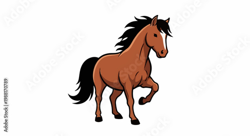 Cartoon horse with flowing mane and tail, brown coat, white blaze
