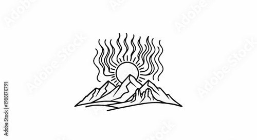 Stylized sun rising over jagged mountain peaks with wavy rays