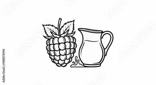 A stylized raspberry and a pitcher of liquid with a splash