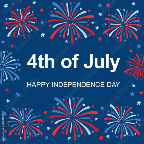 Banner with red and blue fireworks in dark sky. 4th of July concept with bright sparklers	