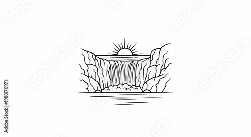 Stylized waterfall cascading into water under a radiant sun