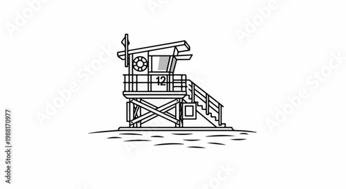 Stylized line art lifeguard tower with number 12 and lifebuoy on beach