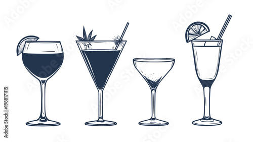 A row of four cocktail glasses with garnish and straw accents, illustrated in a clean, minimal style