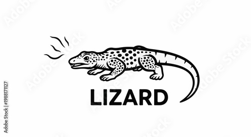 A stylized, spotted lizard is depicted with radiating lines from its head
