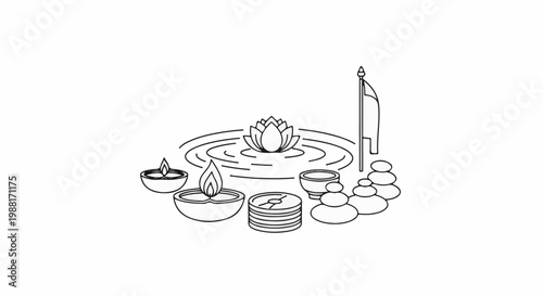 Zen garden with lotus, candles, stones, and flag