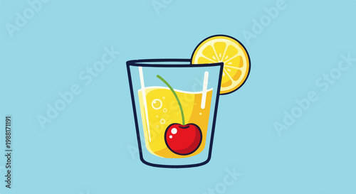 A clear glass with yellow liquid, a red cherry, and a lemon slice