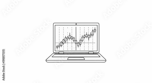 A laptop displays a candlestick stock chart with rising trend