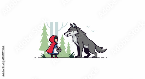 A child in a red cape meets a wolf in a forest