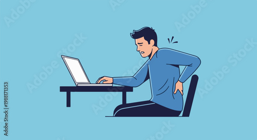 Man at desk experiencing back pain while working on laptop