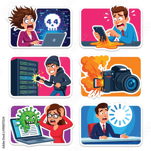 Collection Of 6 Exaggerated Cartoon Stickers Flat Vector Art Highlighting World Press Freedom Day Showcasing Crazy Digital Failure And Glitches Colorful Clean Blank White Backgrounds