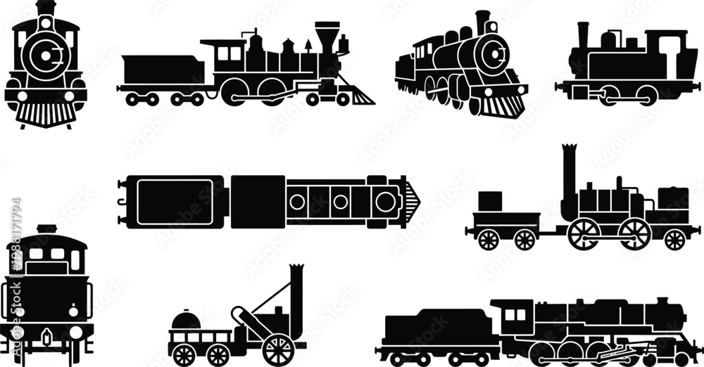 Obraz premium Vektor-Illustrationen von neun verschiedenen historischen Dampflokomotiven als schwarze Silhouetten.
