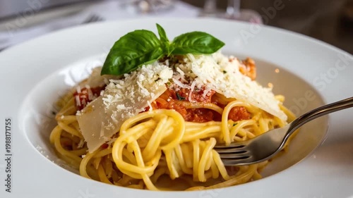 Delicious spaghetti pasta with rich tomato sauce, grated parmesan cheese, and fresh basil served on a white plate