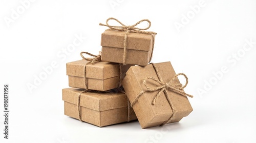 Stack of Kraft Paper Gift Boxes Tied with Twine on a White Background