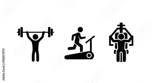 Gym fitness icons set illustrating weightlifting treadmill and machine exercises