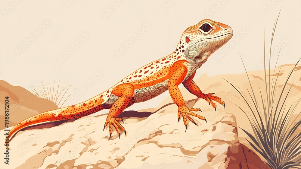Obraz premium Orange Lizard Standing on Rock in Desert Landscape