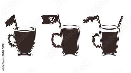 Three simple, illustrative mugs with dark contents, handles, and small flags/straws