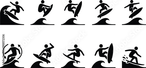Sammlung von Piktogrammen und Symbolen, die Surfer bei verschiedenen Tricks auf Wellen zeigen.