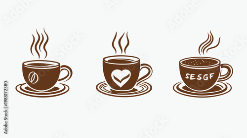 Three brown stylized coffee cups with steam on white background. Each has unique detailing