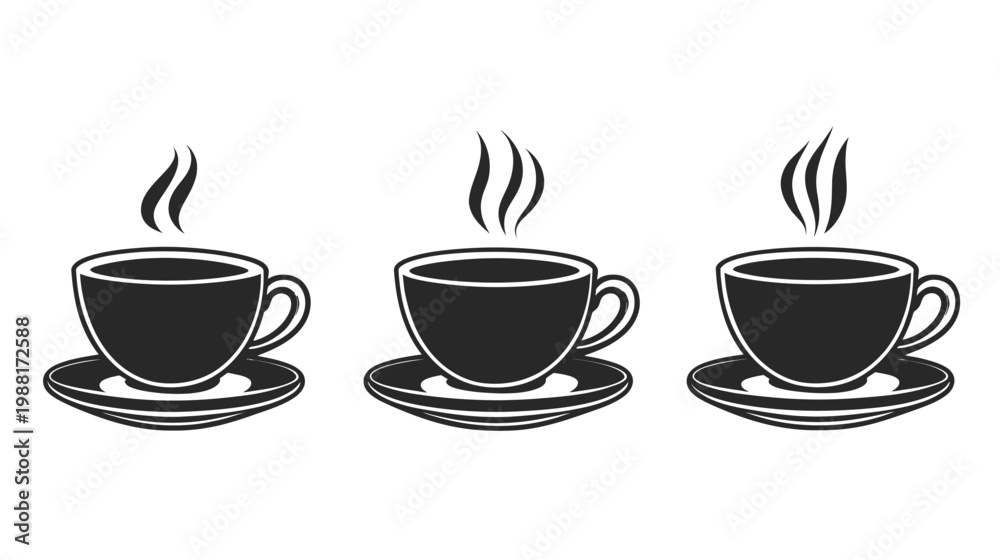 Obraz premium Three steaming cups of beverage sit on saucers, black silhouettes on a white backdrop