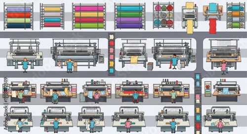 Textile factory production line with machines and workers.