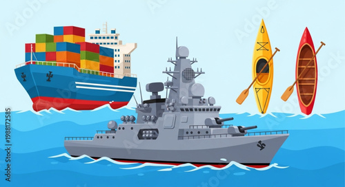 Various watercraft including a warship cargo ship kayaks and a canoe.
