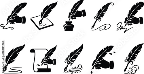 Vintage feather quill pen writing icons set. Features hands holding quills, inkwells, and scrolls for signing documents. Black and white vector illustration for historical themes and literature.