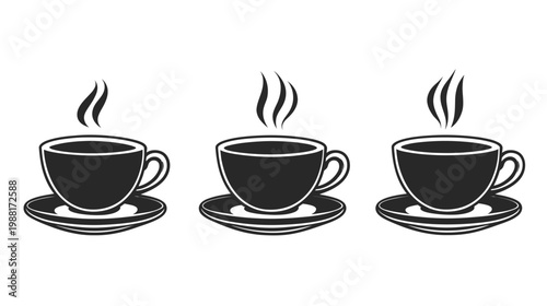 Three steaming cups of beverage sit on saucers, black silhouettes on a white backdrop