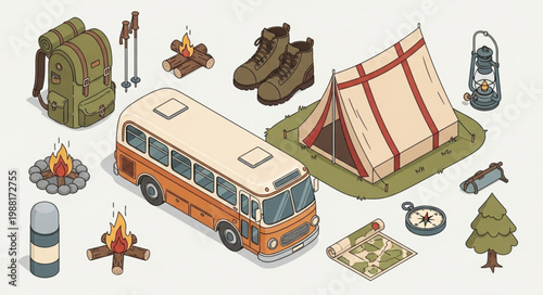 Vintage Camping Gear and Bus Illustration Isometric View.