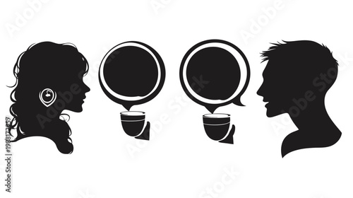 Silhouettes of two people with conversation bubbles and coffee cups, side view