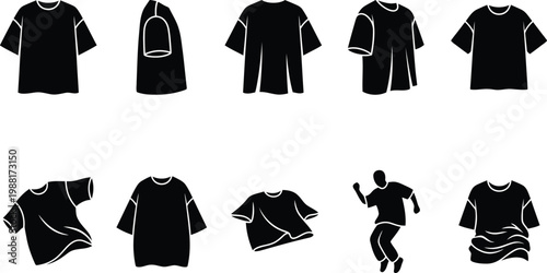 Schwarze Silhouetten von T-Shirts in verschiedenen Posen und auf einer Person.