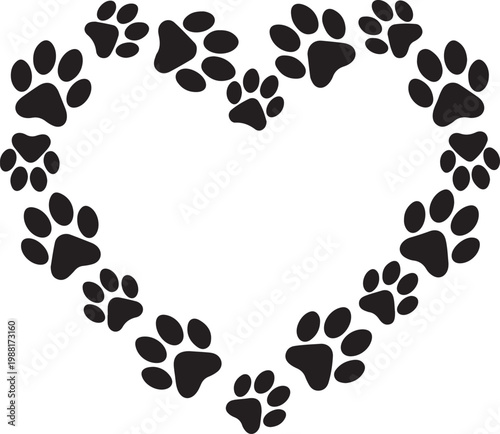 Heart shape made of animal paw print silhouettes for pet lovers