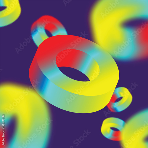 Abstract colorful 3D torus shapes with smooth gradients of neon red, yellow, green and blue floating on dark purple background for technology creativity design