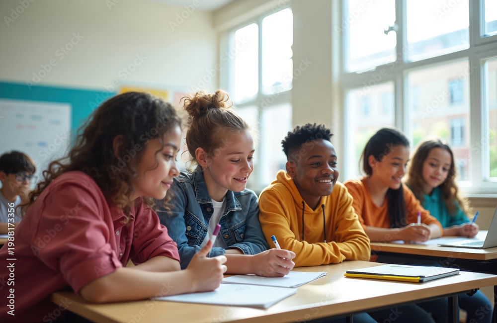 Obraz premium Diverse group of teens collaborate on school project at desks in bright classroom. Students study together, learning, discussing, smiling, interacting during lesson. Youthful energy