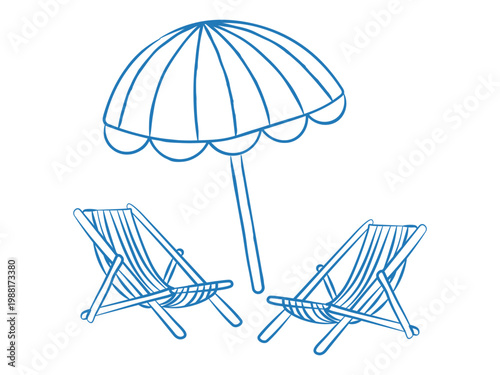 Blue outline beach umbrella and deck chairs for travel app interface design and summer festival branding identity