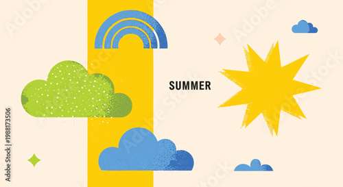 Summer, sunny weather icons, cloud and rainbow graphics, seasonal vector illustrations